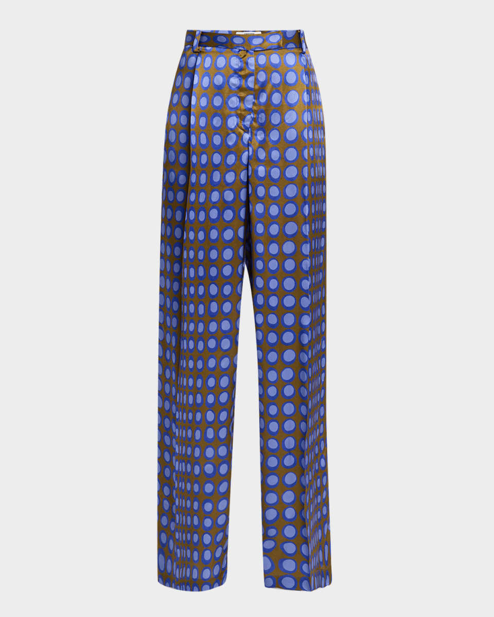 Wiggle Dot Pleated Wide-Leg Satin Trousers